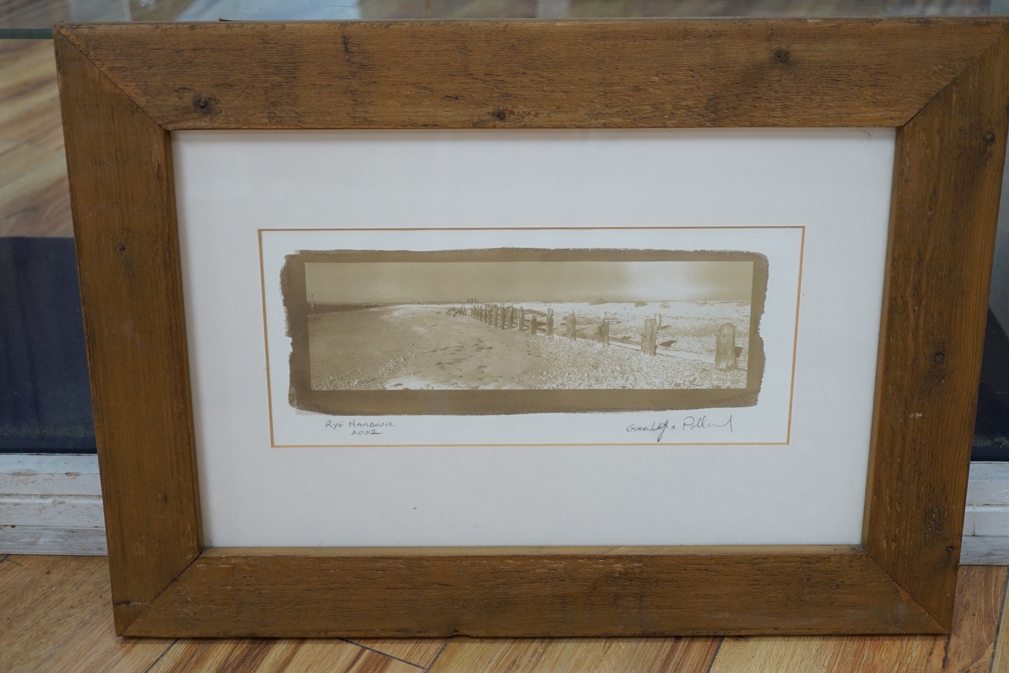 From the Studio of Fred Cuming. Greenhalf & Pollard, monochrome print, Rye Harbour, Vandyke print, signed and dated 2002 in pencil, 14 x 31cm. Condition - fair-good